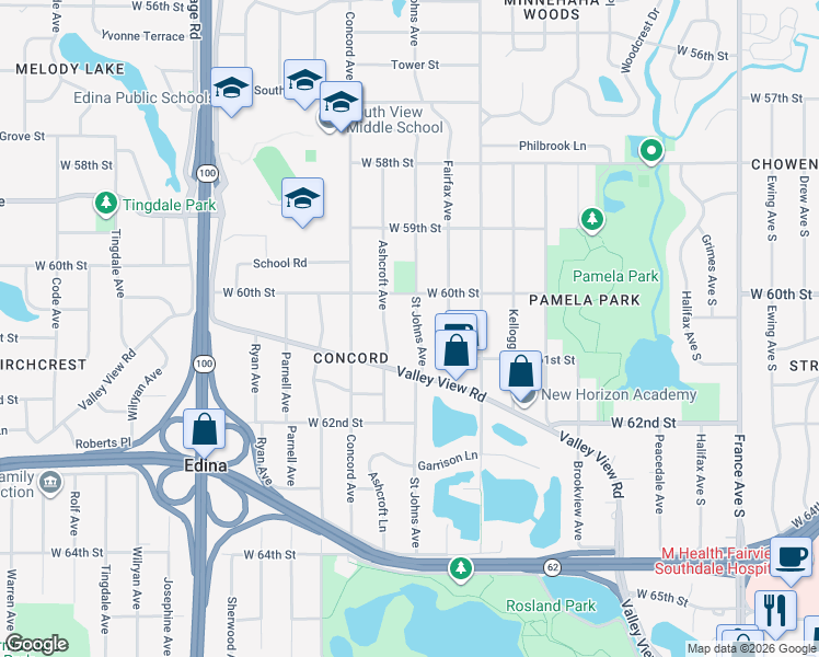map of restaurants, bars, coffee shops, grocery stores, and more near 6012 Saint Johns Avenue in Minneapolis