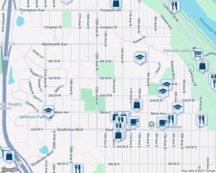 map of restaurants, bars, coffee shops, grocery stores, and more near 232 14th Avenue North in South Saint Paul