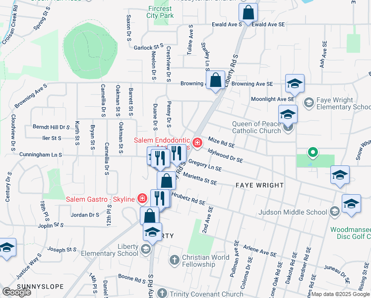 map of restaurants, bars, coffee shops, grocery stores, and more near 4342 McKay Drive South in Salem