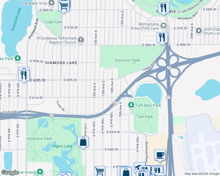 map of restaurants, bars, coffee shops, grocery stores, and more near 6021 14th Avenue South in Minneapolis
