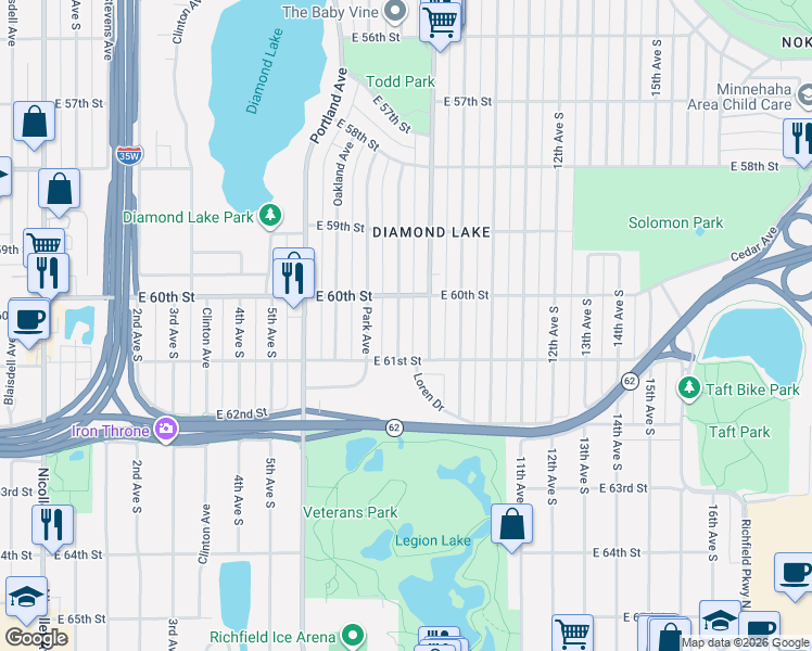 map of restaurants, bars, coffee shops, grocery stores, and more near 6021 Columbus Avenue South in Minneapolis