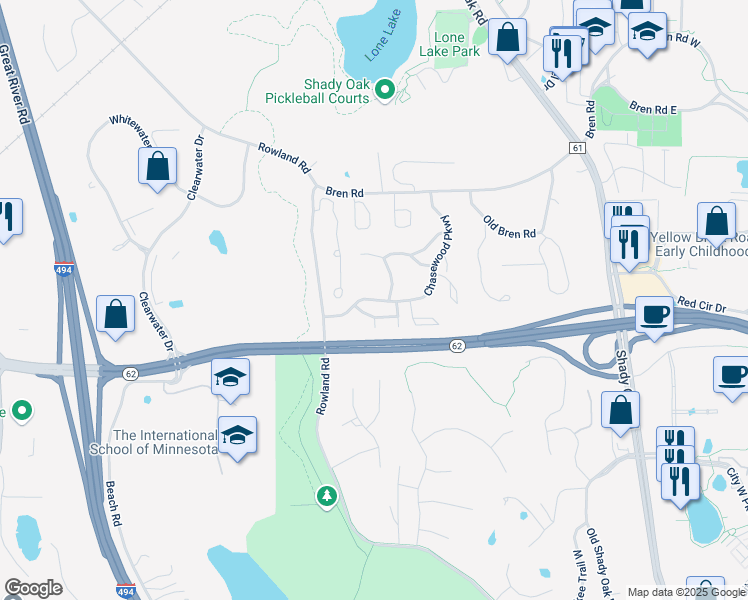 map of restaurants, bars, coffee shops, grocery stores, and more near 6050 Chasewood Parkway in Hopkins