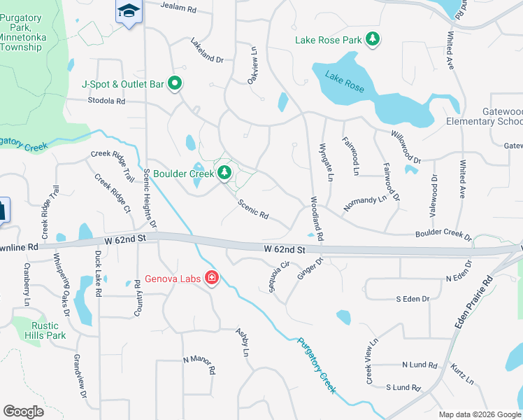 map of restaurants, bars, coffee shops, grocery stores, and more near 6071 Scenic Road in Minnetonka
