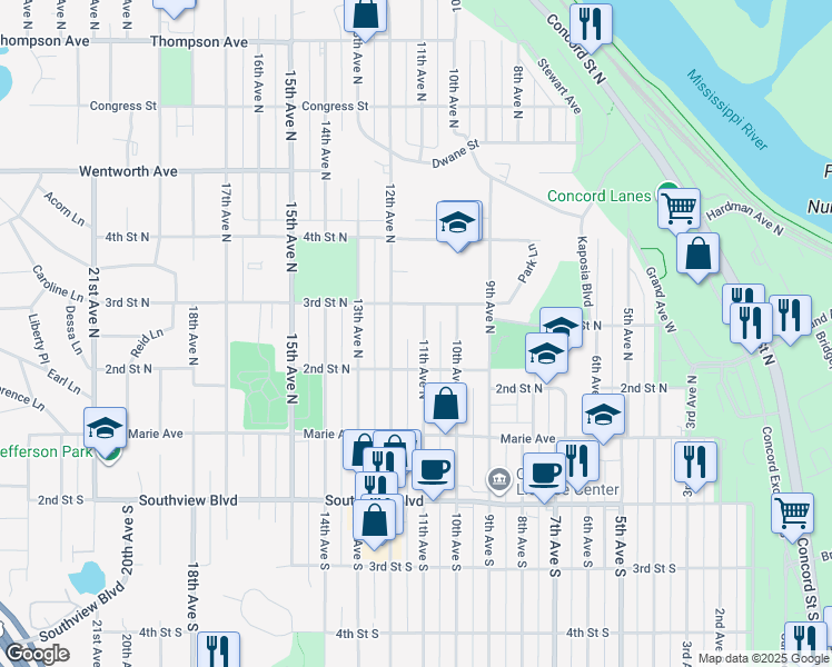 map of restaurants, bars, coffee shops, grocery stores, and more near 233 11th Avenue North in South Saint Paul
