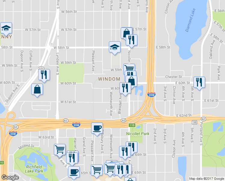 map of restaurants, bars, coffee shops, grocery stores, and more near 6019 Wentworth Avenue in Minneapolis