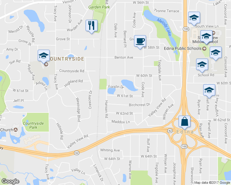 map of restaurants, bars, coffee shops, grocery stores, and more near 5312 West 61st Street in Minneapolis