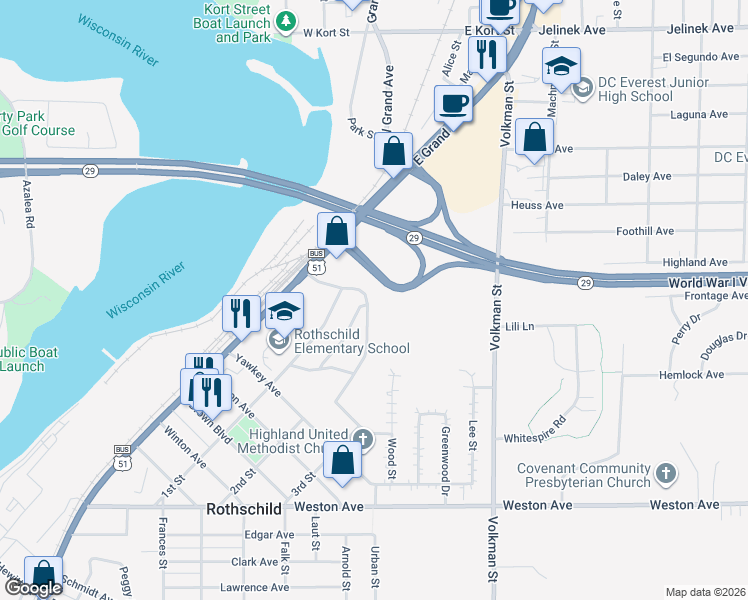 map of restaurants, bars, coffee shops, grocery stores, and more near 835 Everest Dr in Rothschild