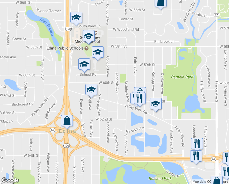 map of restaurants, bars, coffee shops, grocery stores, and more near 6012 Ashcroft Avenue in Minneapolis