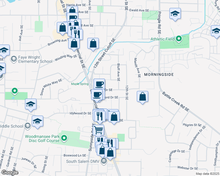 map of restaurants, bars, coffee shops, grocery stores, and more near 1075 Albert Drive Southeast in Salem