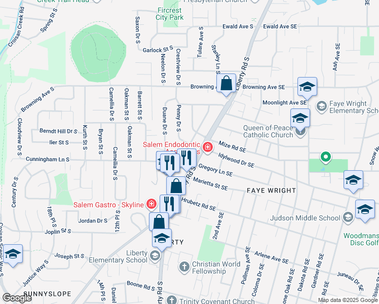 map of restaurants, bars, coffee shops, grocery stores, and more near 4342 McKay Drive South in Salem
