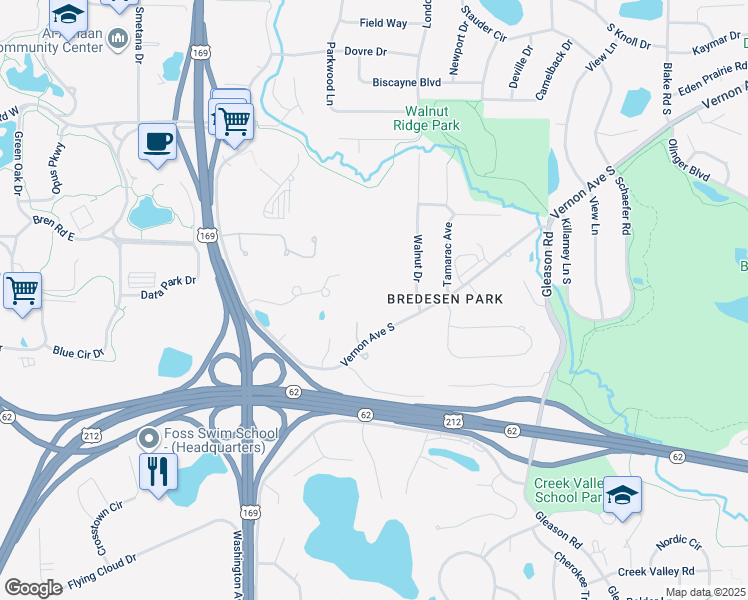 map of restaurants, bars, coffee shops, grocery stores, and more near 6650 Vernon Avenue South in Minneapolis