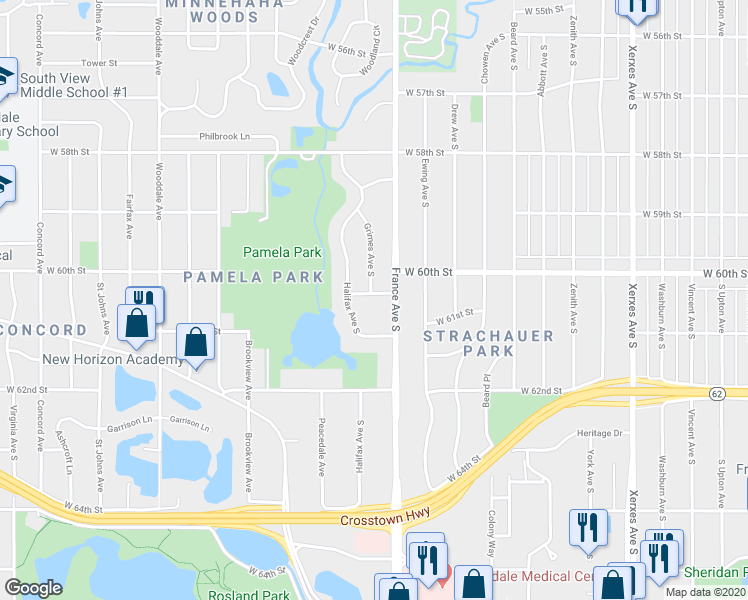 map of restaurants, bars, coffee shops, grocery stores, and more near 3909 West 60th Street in Minneapolis