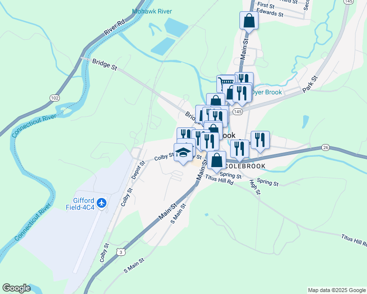map of restaurants, bars, coffee shops, grocery stores, and more near 7 Monadnock Street in Colebrook