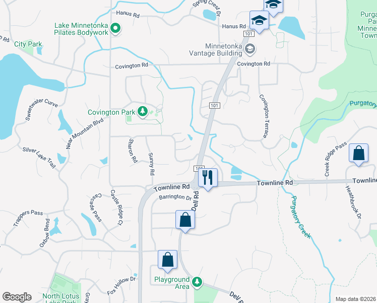 map of restaurants, bars, coffee shops, grocery stores, and more near 18606 Clear View Drive in Minnetonka
