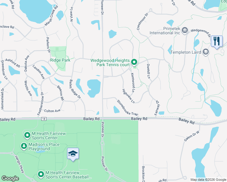 map of restaurants, bars, coffee shops, grocery stores, and more near 8933 Highview Lane in Woodbury