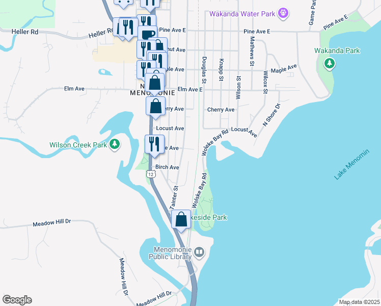 map of restaurants, bars, coffee shops, grocery stores, and more near 934 Tainter Street in Menomonie