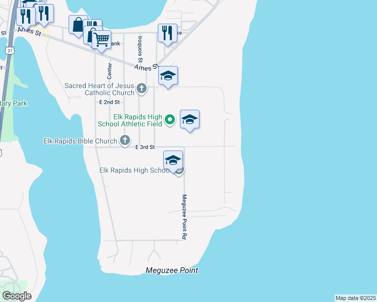 map of restaurants, bars, coffee shops, grocery stores, and more near 700-714 East 3rd Street in Elk Rapids
