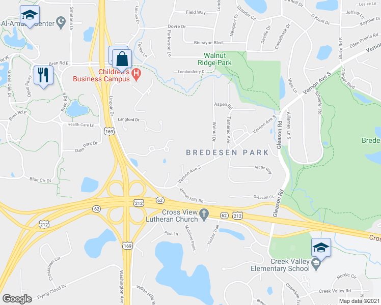 map of restaurants, bars, coffee shops, grocery stores, and more near 6650 Vernon Avenue South in Minneapolis