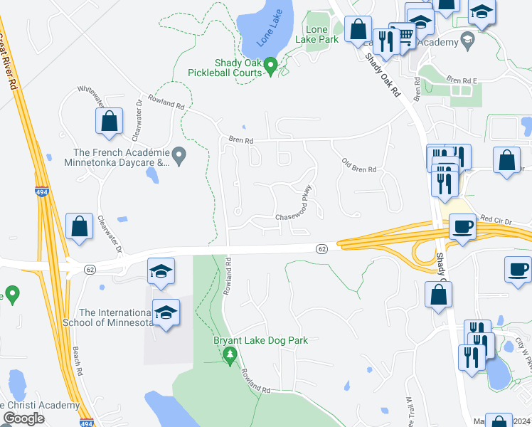 map of restaurants, bars, coffee shops, grocery stores, and more near 6050 Chasewood Parkway in Hopkins