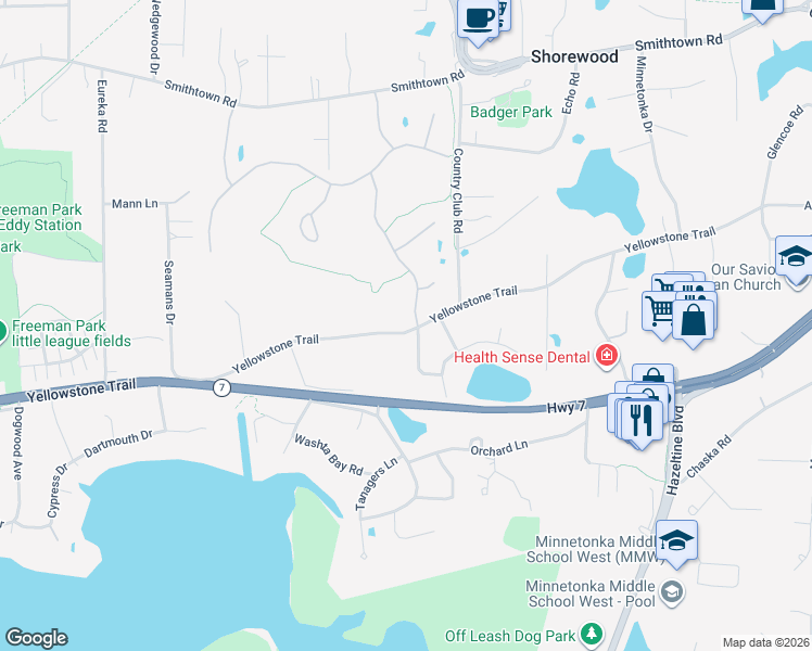 map of restaurants, bars, coffee shops, grocery stores, and more near 6102 Club Valley Road in Excelsior
