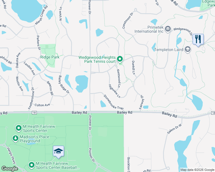 map of restaurants, bars, coffee shops, grocery stores, and more near 8933 Highview Lane in Woodbury