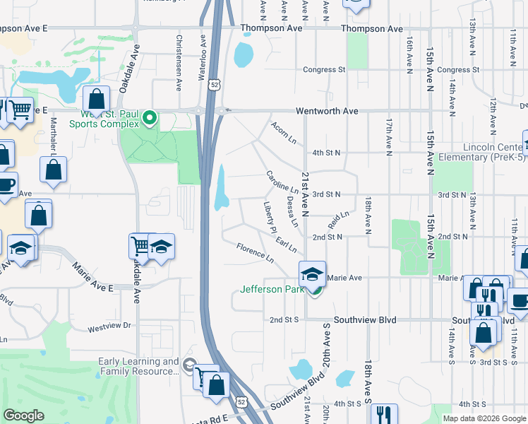 map of restaurants, bars, coffee shops, grocery stores, and more near 235 Liberty Place in South Saint Paul