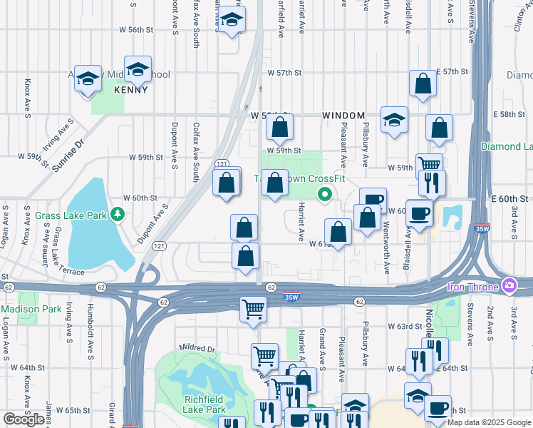 map of restaurants, bars, coffee shops, grocery stores, and more near 6021 Lyndale Avenue South in Minneapolis
