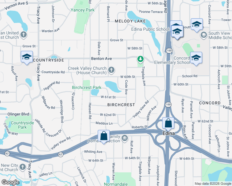 map of restaurants, bars, coffee shops, grocery stores, and more near 5208 West 61st Street in Edina