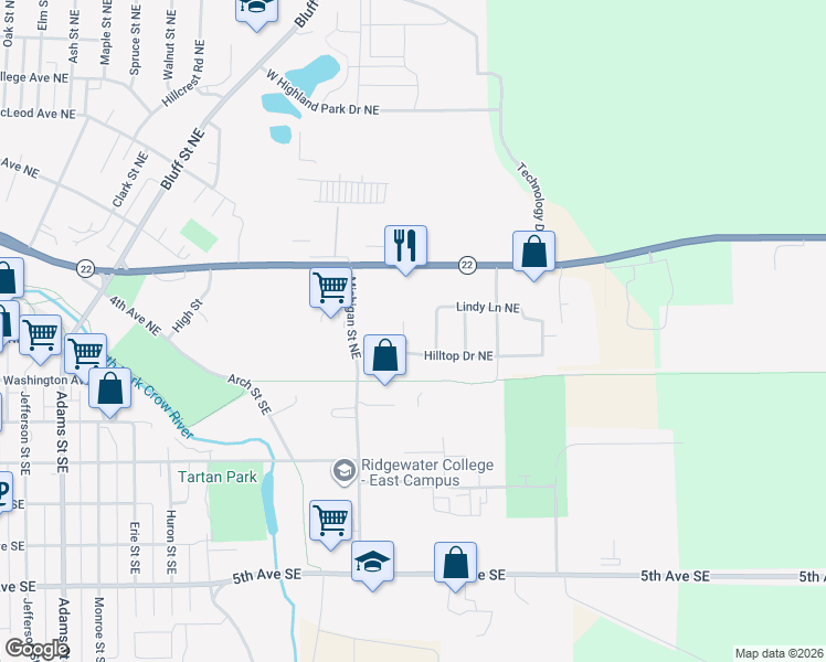 map of restaurants, bars, coffee shops, grocery stores, and more near 123 Morningside Drive Northeast in Hutchinson