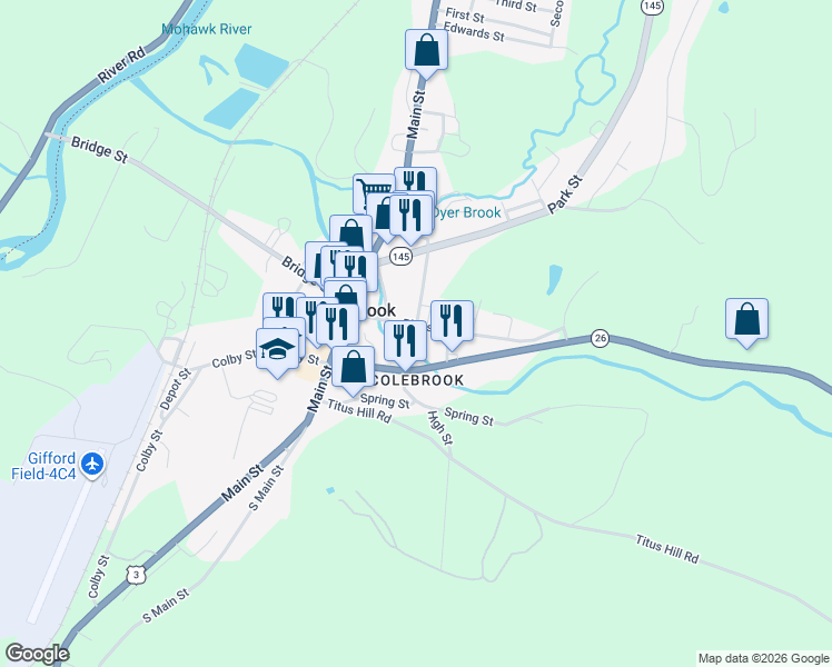 map of restaurants, bars, coffee shops, grocery stores, and more near 24 Pleasant Street in Colebrook