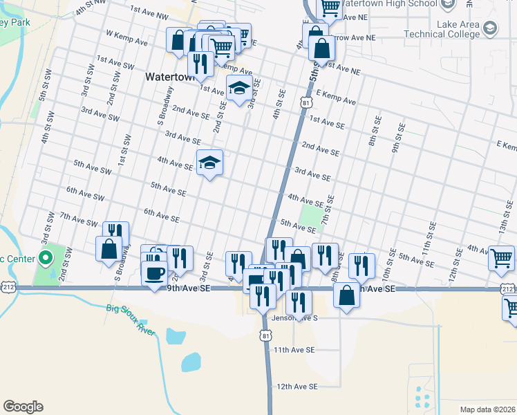map of restaurants, bars, coffee shops, grocery stores, and more near 401-499 5th Avenue Southeast in Watertown