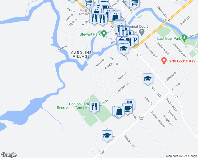 map of restaurants, bars, coffee shops, grocery stores, and more near 6 Bathurst Road in Perth