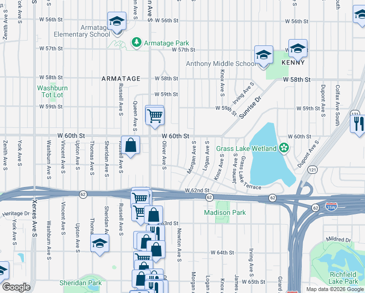 map of restaurants, bars, coffee shops, grocery stores, and more near 6023 Newton Avenue South in Minneapolis