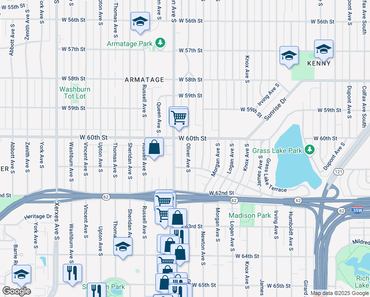 map of restaurants, bars, coffee shops, grocery stores, and more near 6018 Oliver Avenue South in Minneapolis