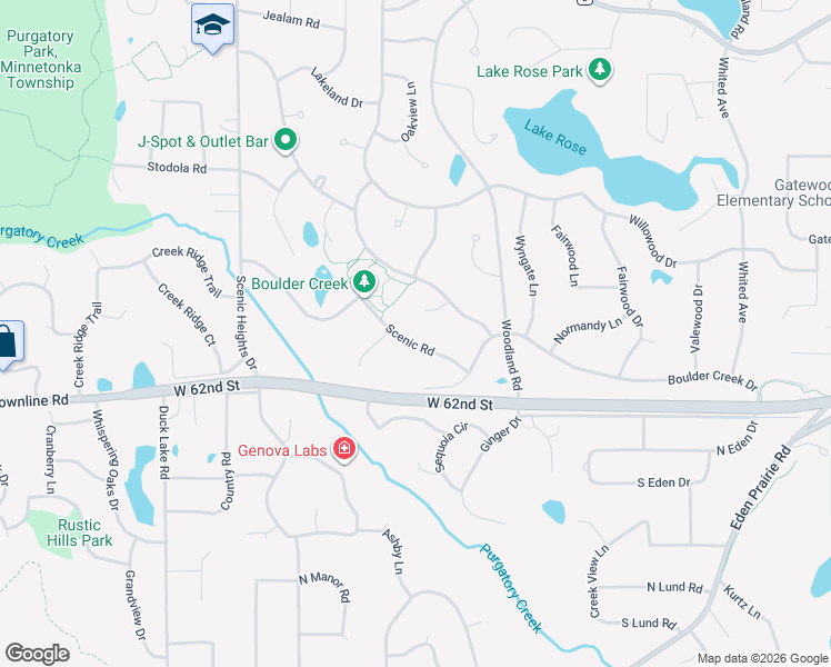 map of restaurants, bars, coffee shops, grocery stores, and more near 6071 Scenic Road in Minnetonka