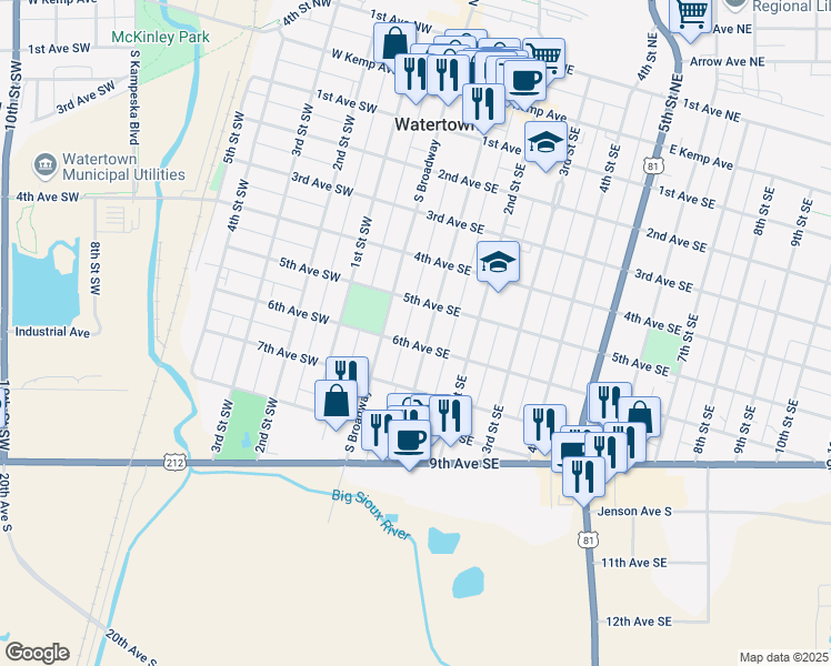 map of restaurants, bars, coffee shops, grocery stores, and more near 1-99 6th Ave SE in Watertown