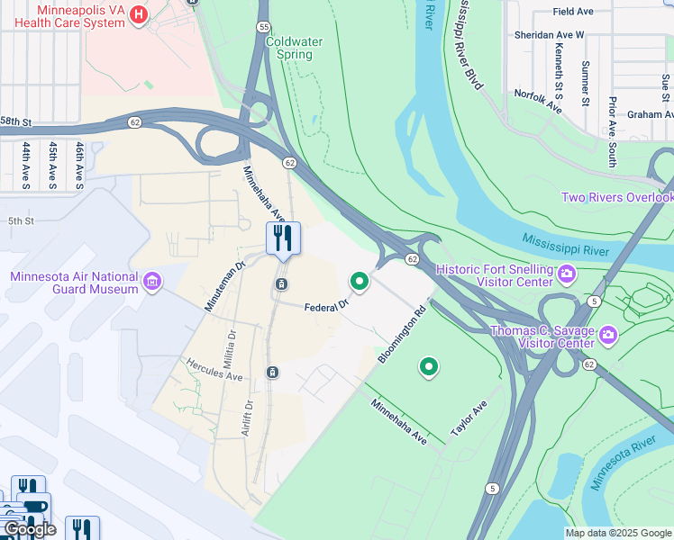 map of restaurants, bars, coffee shops, grocery stores, and more near Federal Drive in Saint Paul