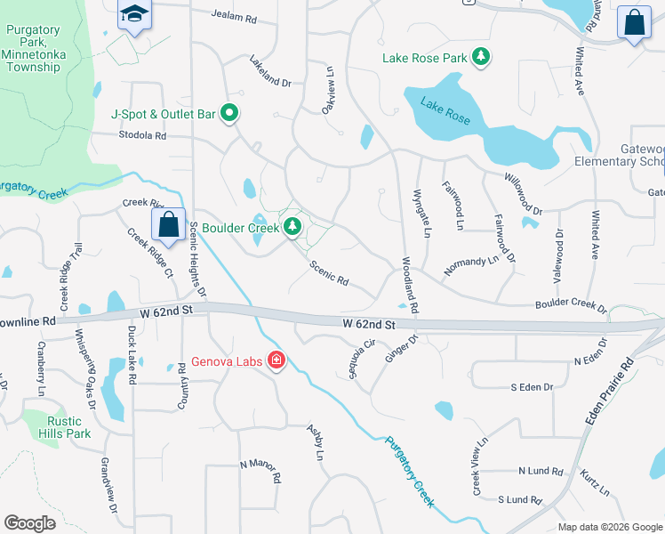 map of restaurants, bars, coffee shops, grocery stores, and more near 6071 Scenic Road in Minnetonka