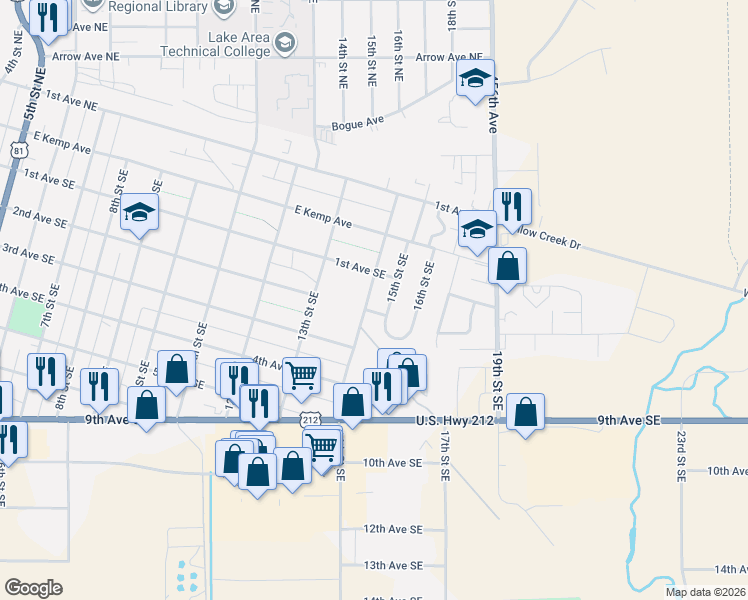 map of restaurants, bars, coffee shops, grocery stores, and more near 101-199 14th Street Southeast in Watertown