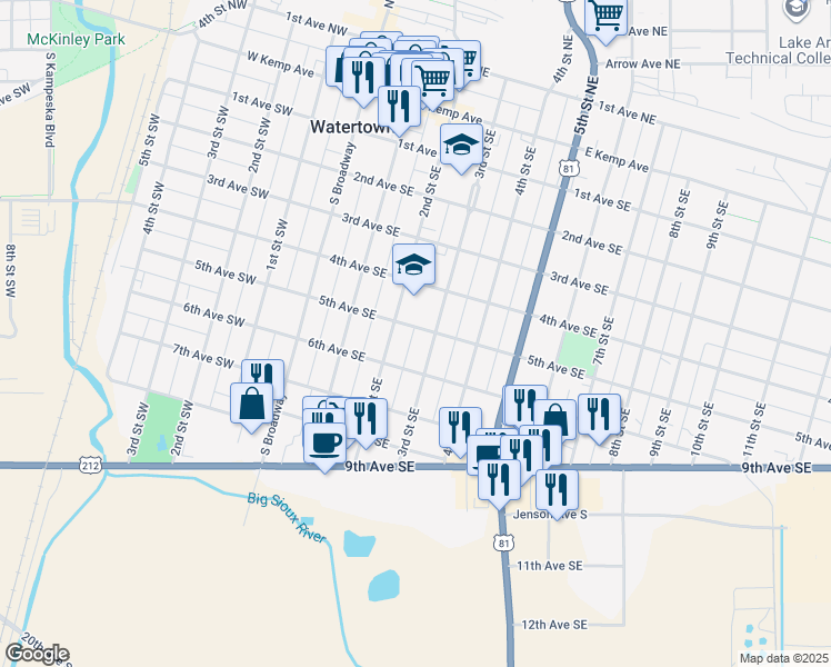 map of restaurants, bars, coffee shops, grocery stores, and more near 216 5th Avenue Southeast in Watertown