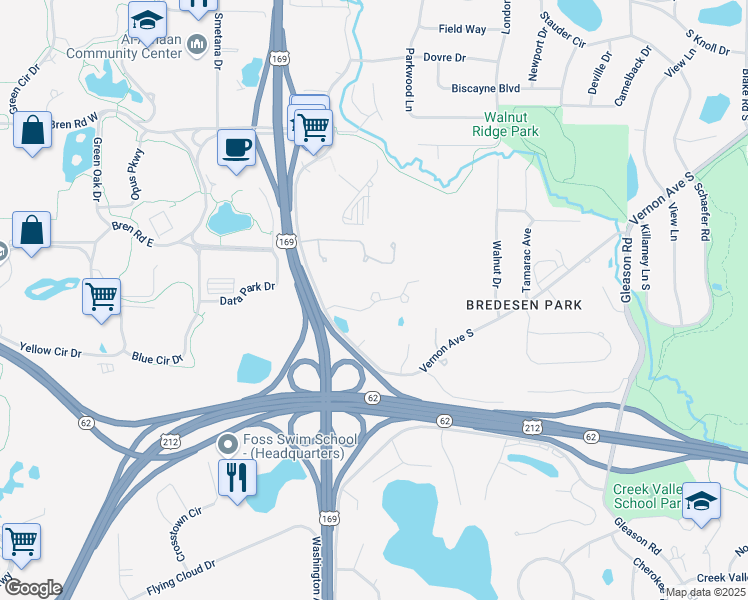 map of restaurants, bars, coffee shops, grocery stores, and more near 6950 Langford Drive in Edina
