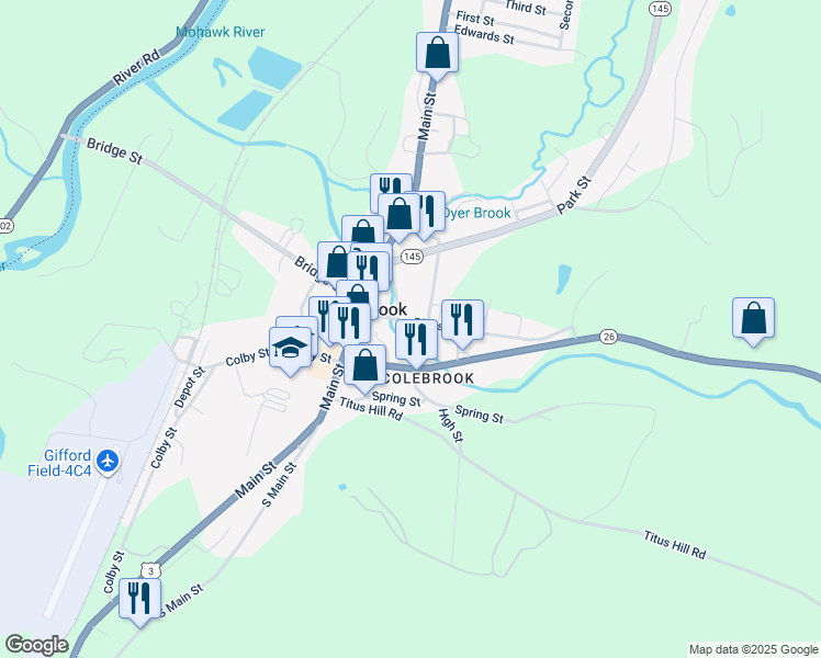 map of restaurants, bars, coffee shops, grocery stores, and more near 24 Pleasant Street in Colebrook