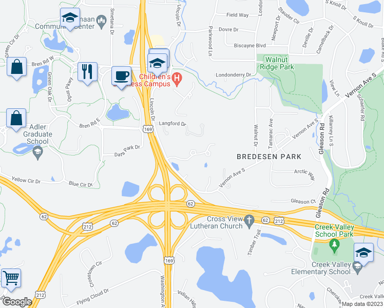 map of restaurants, bars, coffee shops, grocery stores, and more near 6950 Langford Drive in Edina