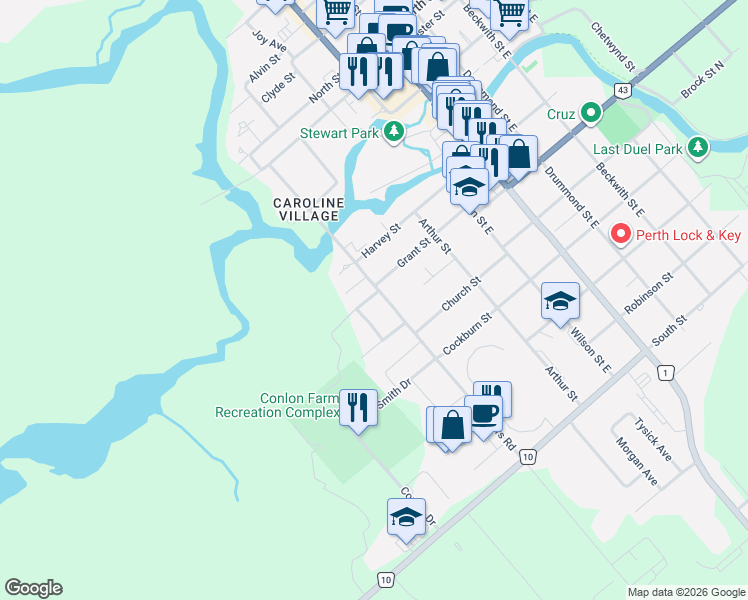 map of restaurants, bars, coffee shops, grocery stores, and more near 18 Bathurst Road in Perth