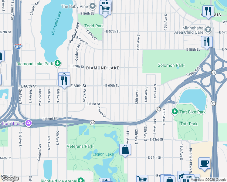 map of restaurants, bars, coffee shops, grocery stores, and more near 6020 10th Avenue South in Minneapolis