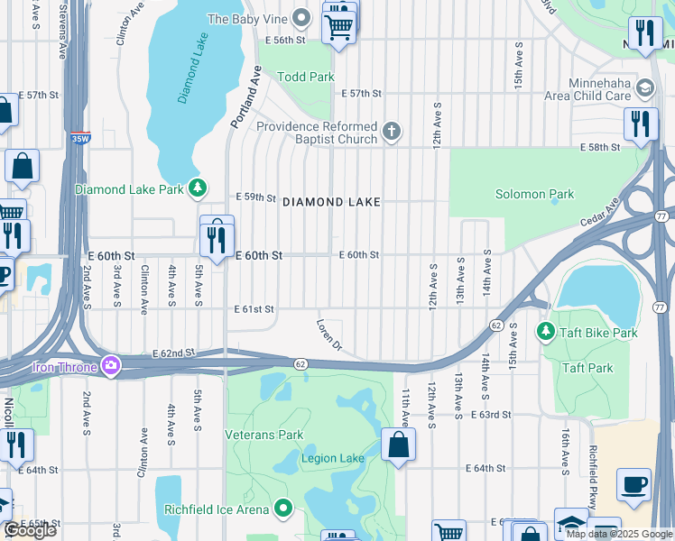 map of restaurants, bars, coffee shops, grocery stores, and more near 6021 Chicago Avenue in Minneapolis