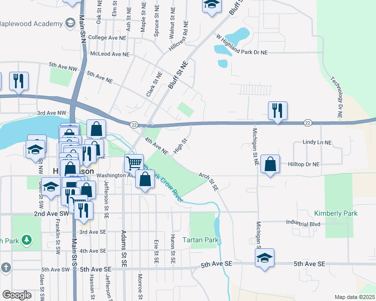 map of restaurants, bars, coffee shops, grocery stores, and more near 455 High Street in Hutchinson