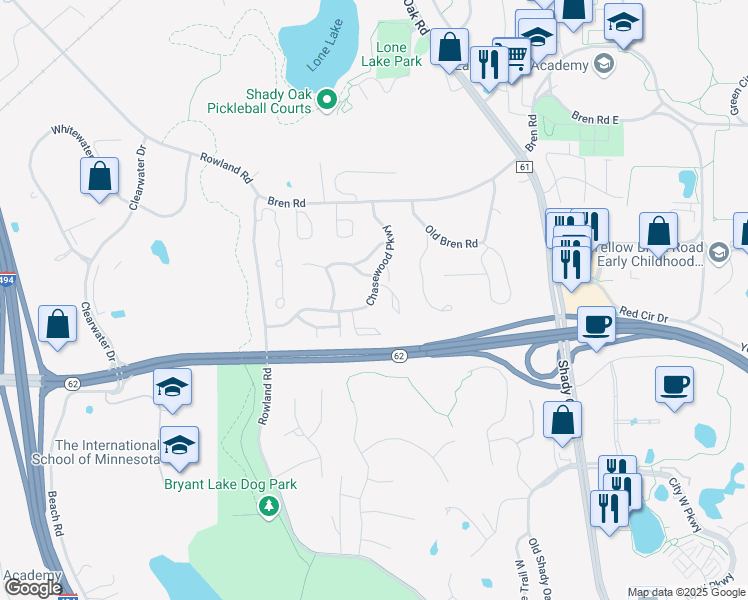 map of restaurants, bars, coffee shops, grocery stores, and more near 6045 Chasewood Parkway in Minnetonka