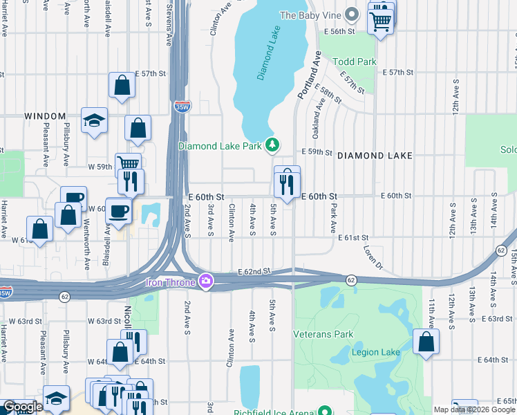 map of restaurants, bars, coffee shops, grocery stores, and more near 6025 4th Avenue South in Minneapolis