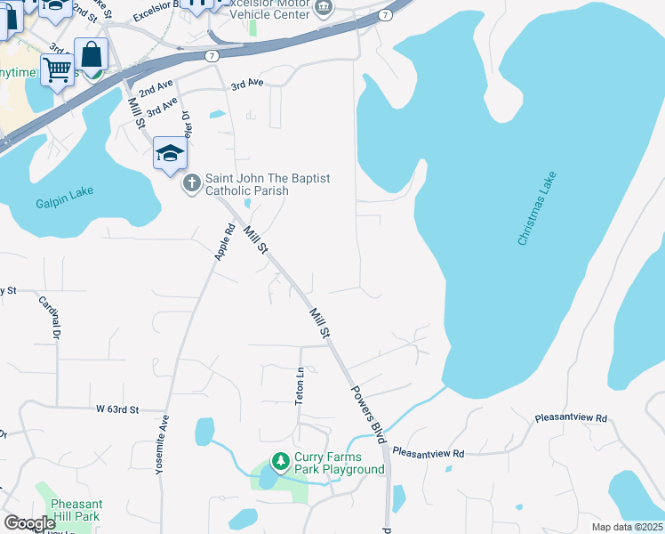 map of restaurants, bars, coffee shops, grocery stores, and more near 6075 Brand Circle in Excelsior